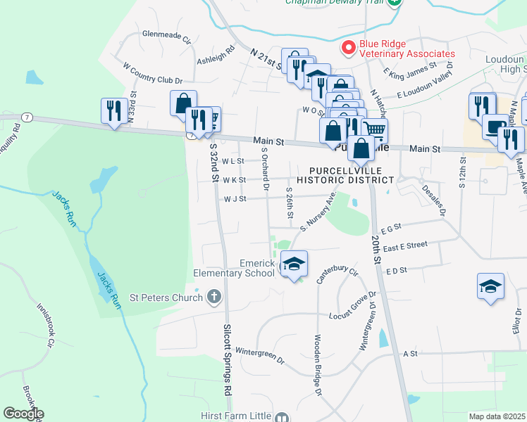 map of restaurants, bars, coffee shops, grocery stores, and more near 321 South Orchard Drive in Purcellville