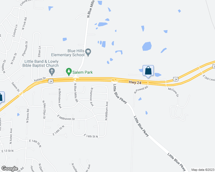 map of restaurants, bars, coffee shops, grocery stores, and more near Milburn Avenue in Independence