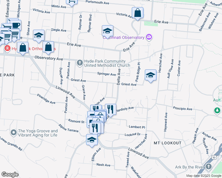 map of restaurants, bars, coffee shops, grocery stores, and more near 1215 Delta Avenue in Cincinnati