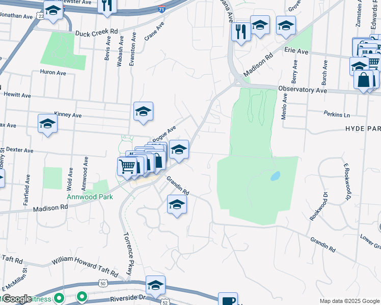 map of restaurants, bars, coffee shops, grocery stores, and more near 2150 Madison Road in Cincinnati