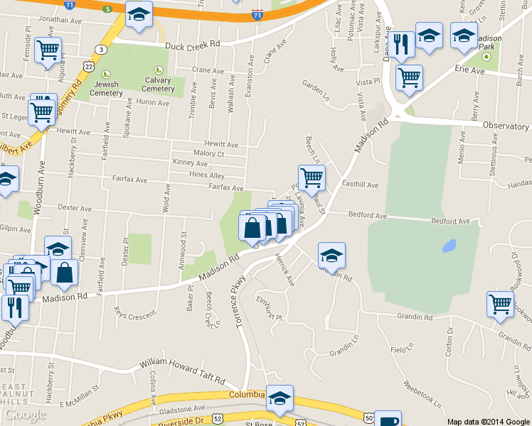 map of restaurants, bars, coffee shops, grocery stores, and more near 3038 Cinnamon Street in Cincinnati