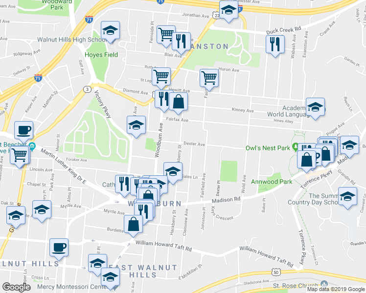 map of restaurants, bars, coffee shops, grocery stores, and more near 3052 Hackberry Street in Cincinnati