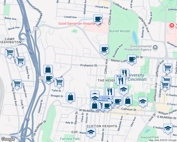map of restaurants, bars, coffee shops, grocery stores, and more near 2805 Digby Avenue in Cincinnati
