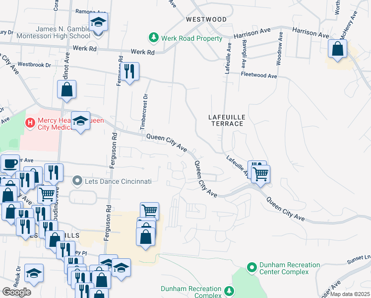 map of restaurants, bars, coffee shops, grocery stores, and more near 2771 Queen City Avenue in Cincinnati