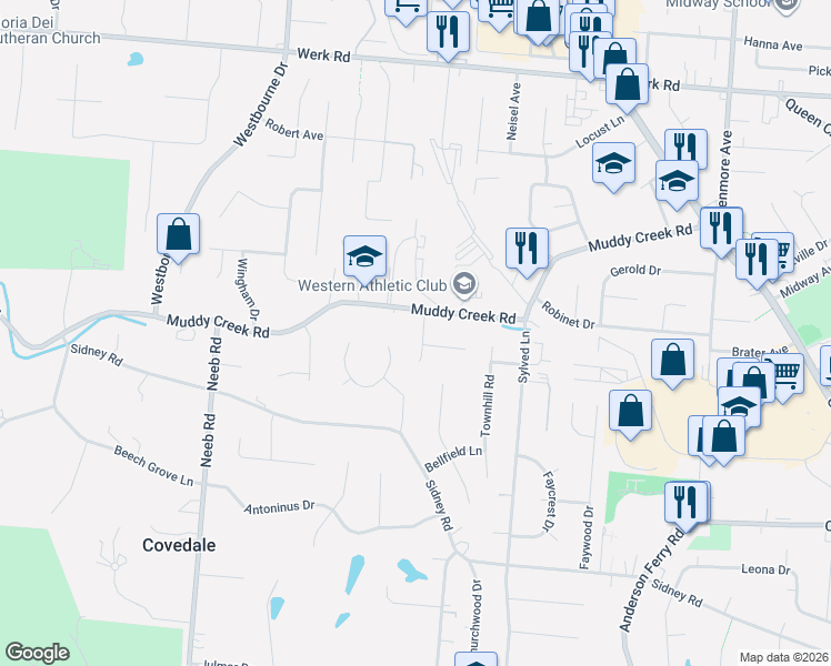 map of restaurants, bars, coffee shops, grocery stores, and more near 2343 Fairgreen Drive in Cincinnati