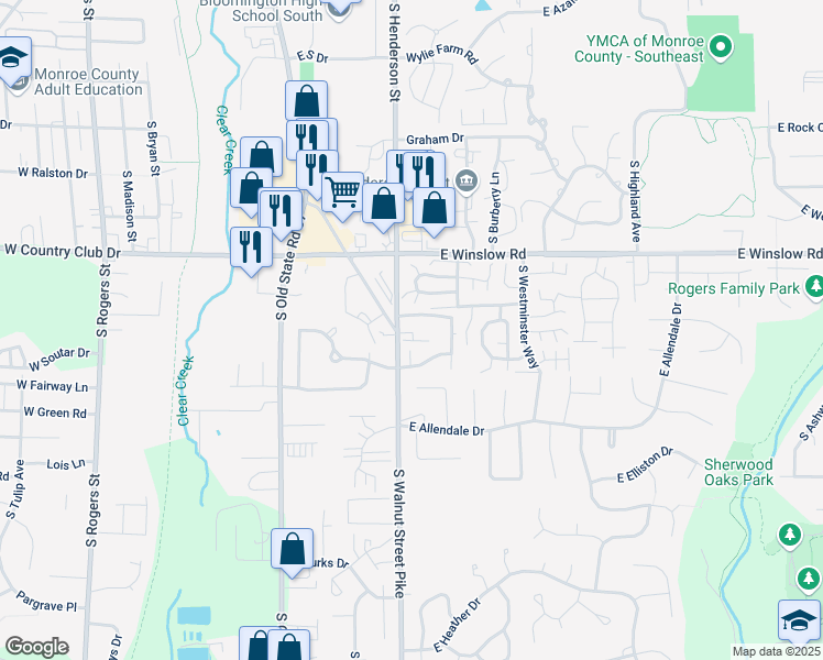 map of restaurants, bars, coffee shops, grocery stores, and more near 2893 South Walnut Street Pike in Bloomington