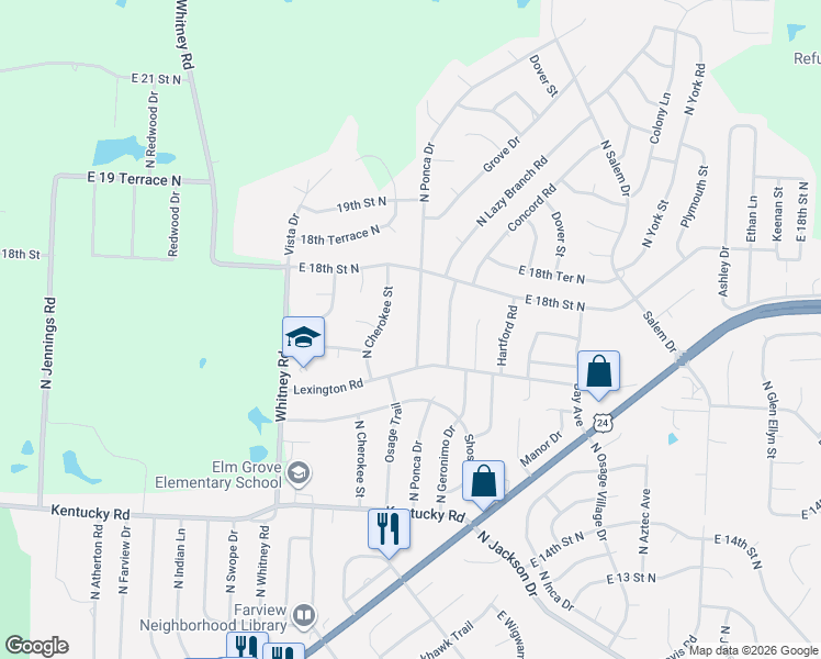 map of restaurants, bars, coffee shops, grocery stores, and more near 1609 North Ponca Drive in Independence