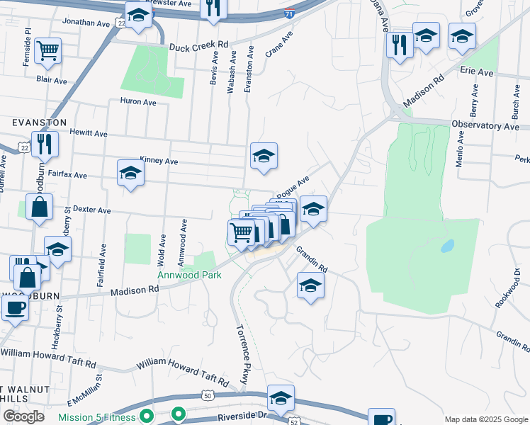 map of restaurants, bars, coffee shops, grocery stores, and more near 3038 Cinnamon Street in Cincinnati