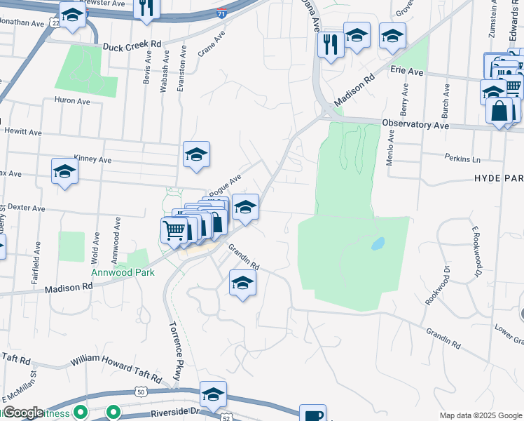 map of restaurants, bars, coffee shops, grocery stores, and more near 2150 Madison Road in Cincinnati