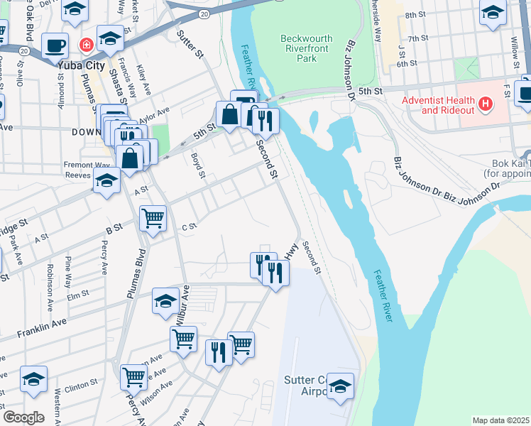map of restaurants, bars, coffee shops, grocery stores, and more near 385 McRae Way in Yuba City