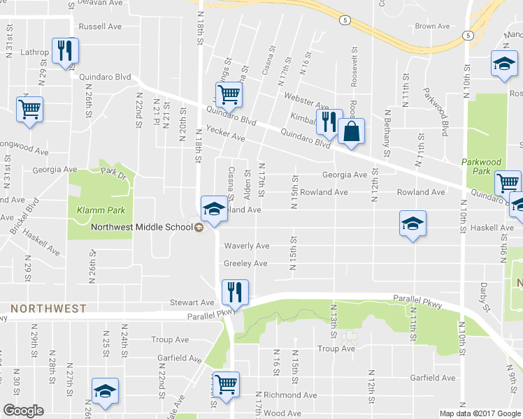 map of restaurants, bars, coffee shops, grocery stores, and more near North 17th Street in Kansas City