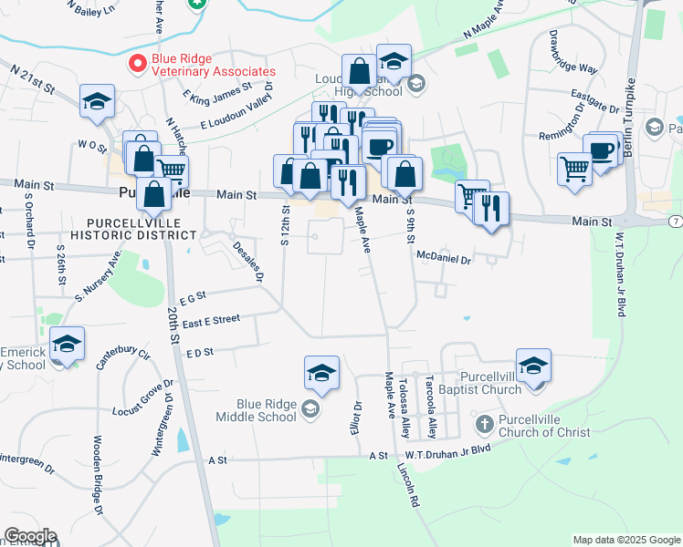 map of restaurants, bars, coffee shops, grocery stores, and more near 310 South 11th Street in Purcellville