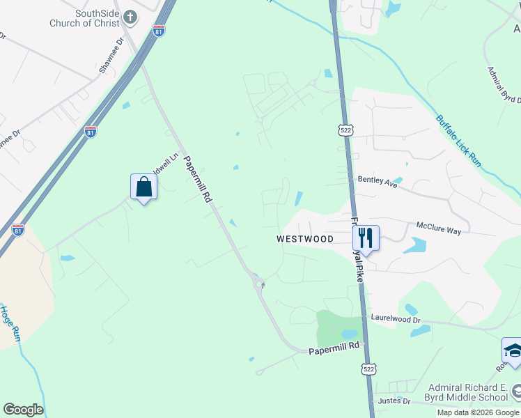 map of restaurants, bars, coffee shops, grocery stores, and more near 3515 Papermill Road in Winchester