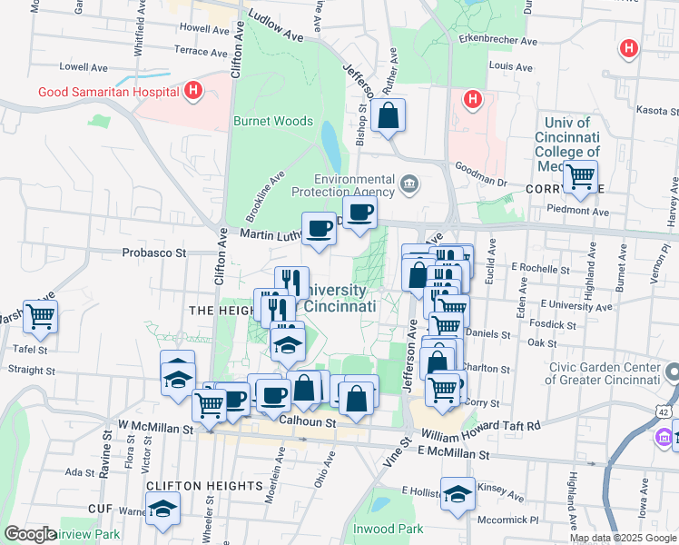 map of restaurants, bars, coffee shops, grocery stores, and more near 2906 Woodside Drive in Cincinnati