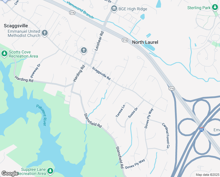 map of restaurants, bars, coffee shops, grocery stores, and more near 8607 Woods End Drive in Laurel