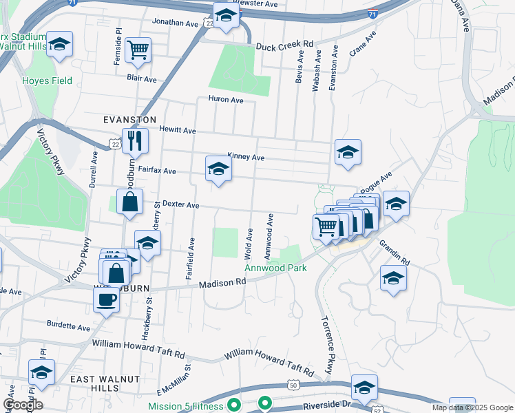 map of restaurants, bars, coffee shops, grocery stores, and more near 1906 Dexter Avenue in Cincinnati