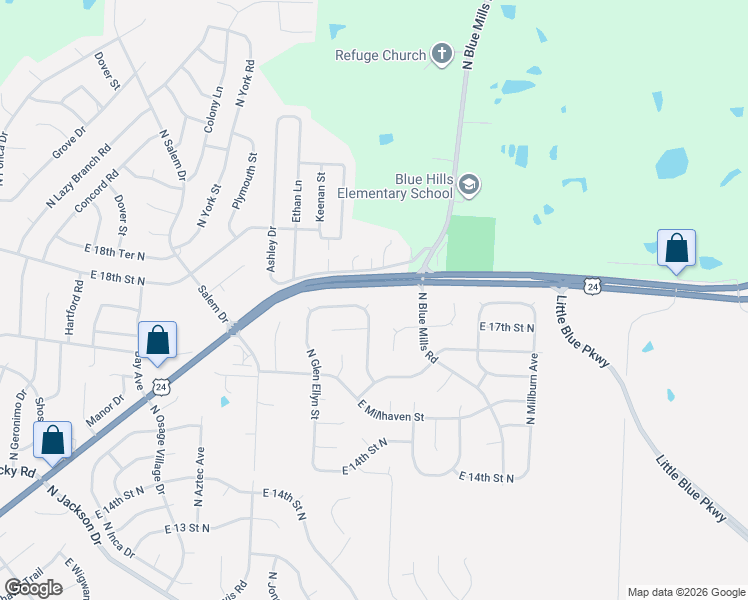 map of restaurants, bars, coffee shops, grocery stores, and more near 1721 North Belvidere Avenue in Independence