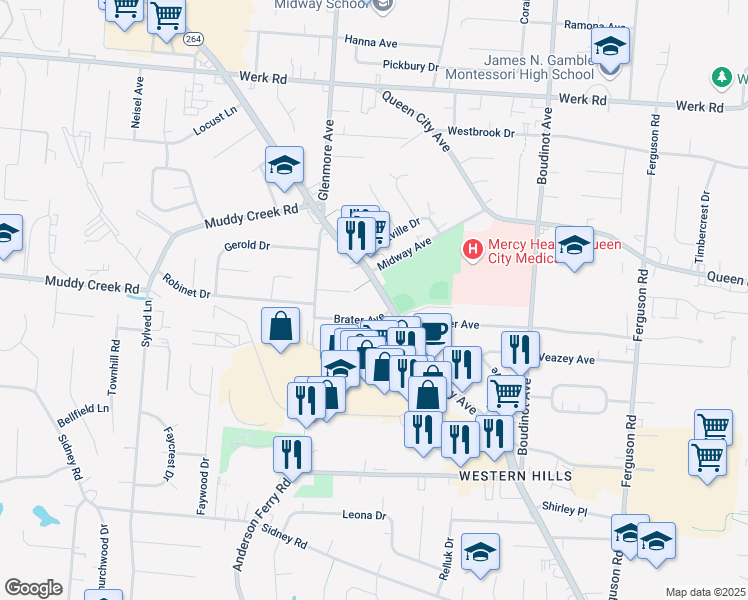 map of restaurants, bars, coffee shops, grocery stores, and more near 5645 Glenway Avenue in Cincinnati