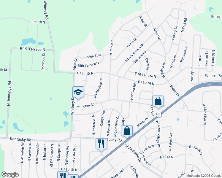 map of restaurants, bars, coffee shops, grocery stores, and more near 1613 North Ponca Drive in Independence