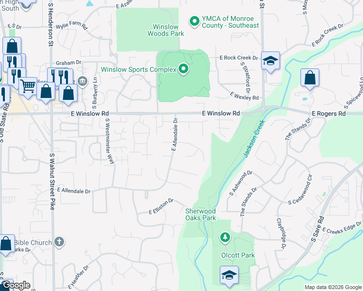 map of restaurants, bars, coffee shops, grocery stores, and more near 1410 East Browning Lane in Bloomington