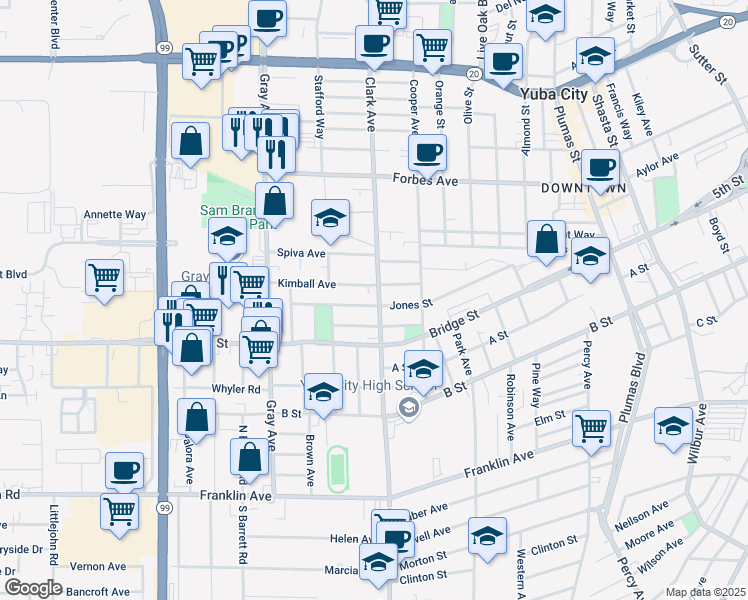 map of restaurants, bars, coffee shops, grocery stores, and more near 847 Jones Street in Yuba City