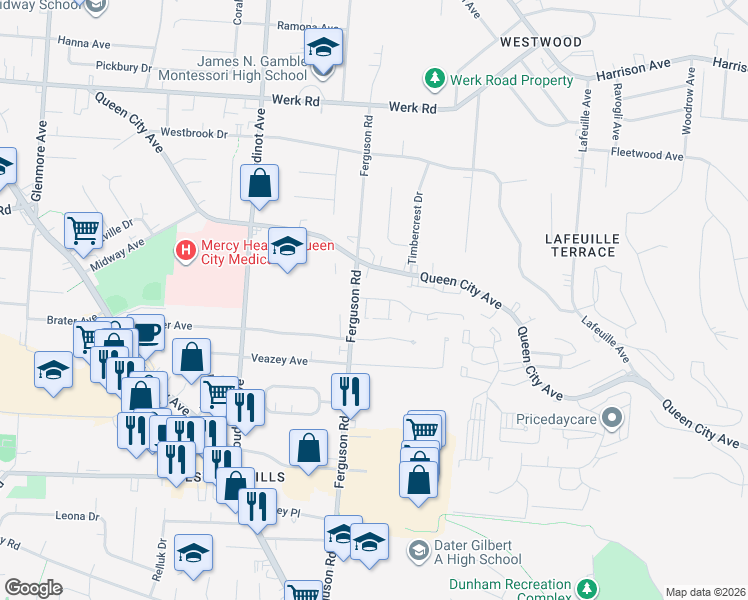 map of restaurants, bars, coffee shops, grocery stores, and more near 2562 Ferguson Road in Cincinnati