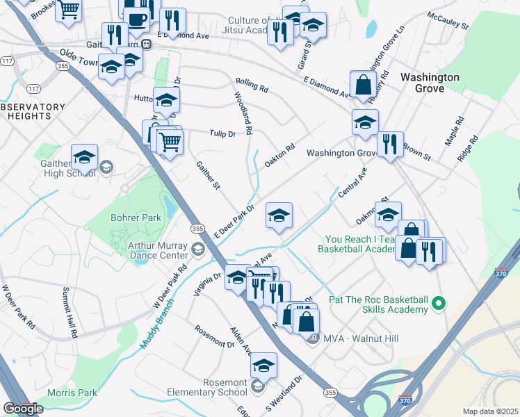 map of restaurants, bars, coffee shops, grocery stores, and more near 106 East Deer Park Drive in Gaithersburg