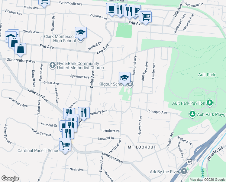 map of restaurants, bars, coffee shops, grocery stores, and more near 1204 Hidden Wood Place in Cincinnati