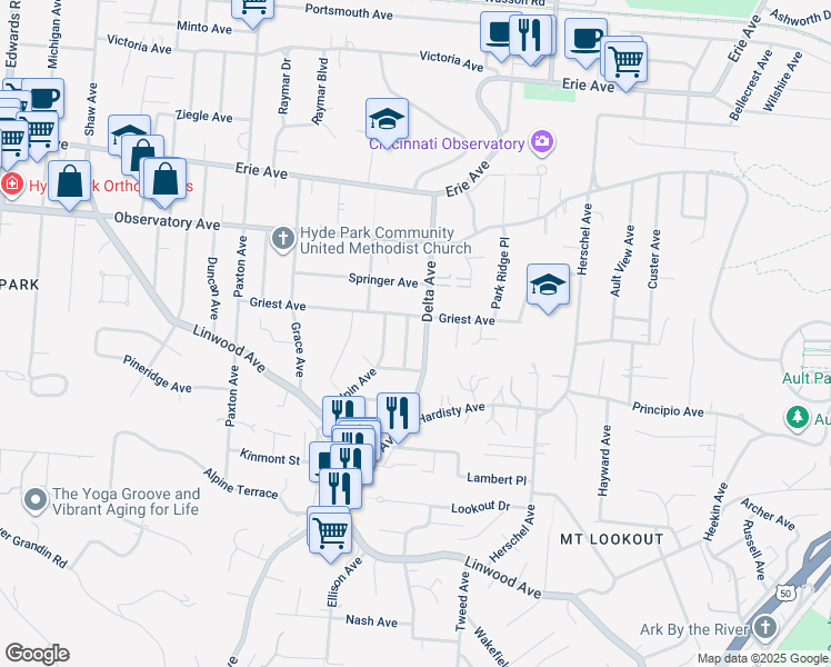 map of restaurants, bars, coffee shops, grocery stores, and more near 1215 Delta Avenue in Cincinnati