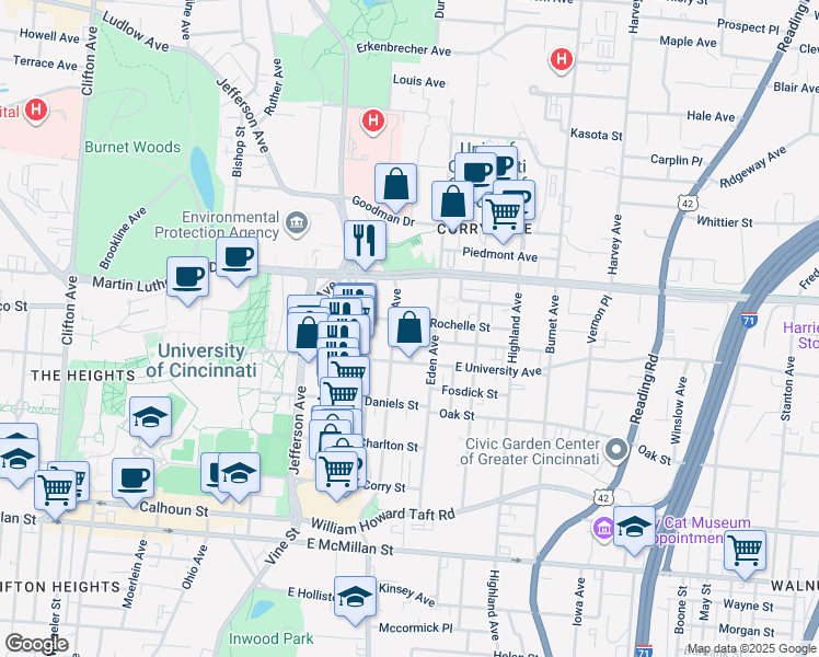 map of restaurants, bars, coffee shops, grocery stores, and more near 2919 Vaughn Street in Cincinnati