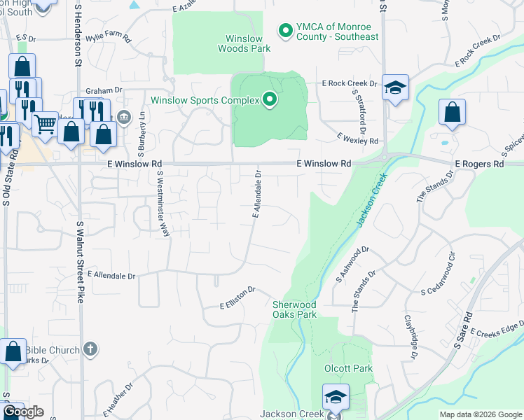 map of restaurants, bars, coffee shops, grocery stores, and more near 1410 East Browning Lane in Bloomington