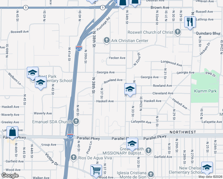 map of restaurants, bars, coffee shops, grocery stores, and more near 2427 North 36th Street in Kansas City