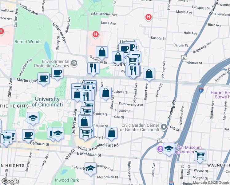 map of restaurants, bars, coffee shops, grocery stores, and more near 201 East Rochelle Street in Cincinnati