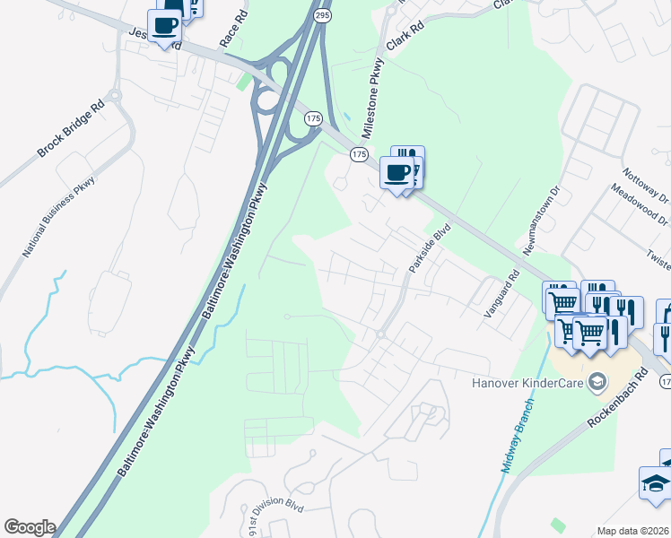 map of restaurants, bars, coffee shops, grocery stores, and more near 7917 North Gladden Farm Way in Hanover