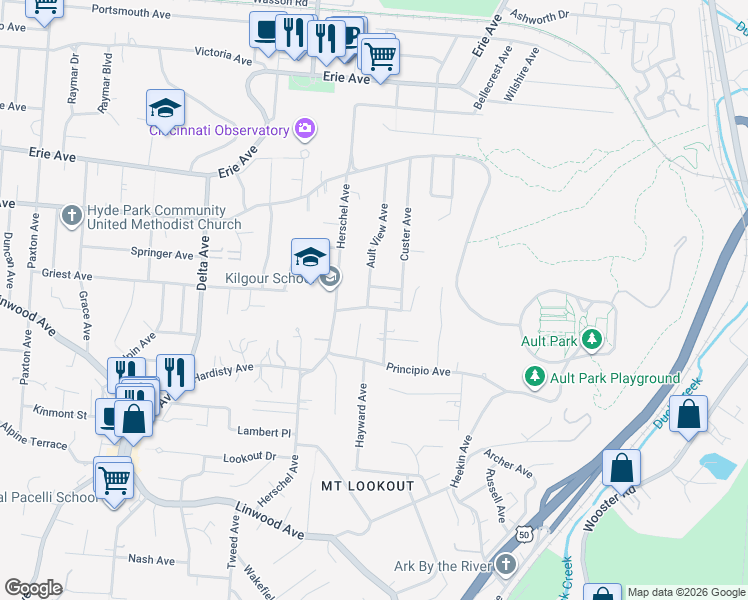 map of restaurants, bars, coffee shops, grocery stores, and more near 1306 Ault View Avenue in Cincinnati