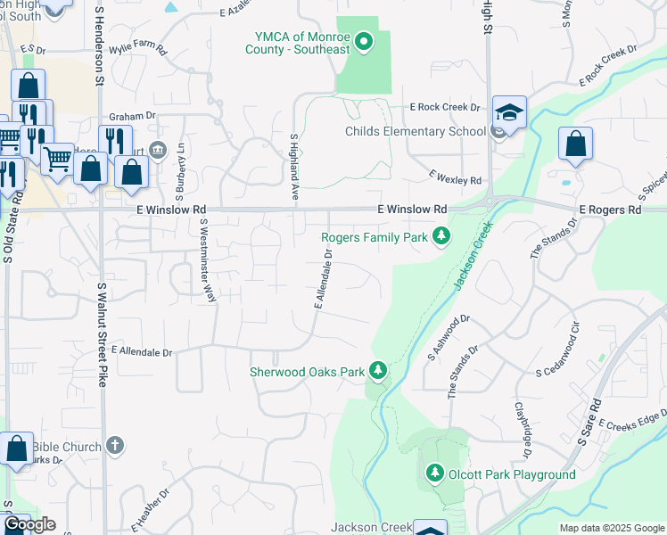 map of restaurants, bars, coffee shops, grocery stores, and more near 1410 East Browning Lane in Bloomington