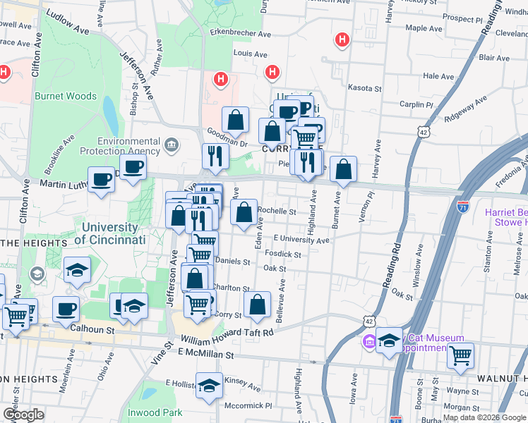 map of restaurants, bars, coffee shops, grocery stores, and more near 2920 Eden Avenue in Cincinnati