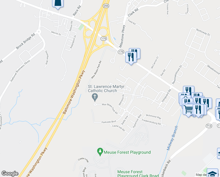 map of restaurants, bars, coffee shops, grocery stores, and more near 7917 North Gladden Farm Way in Hanover