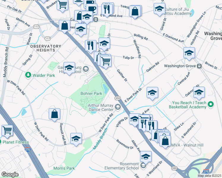 map of restaurants, bars, coffee shops, grocery stores, and more near 550 South Frederick Avenue in Gaithersburg