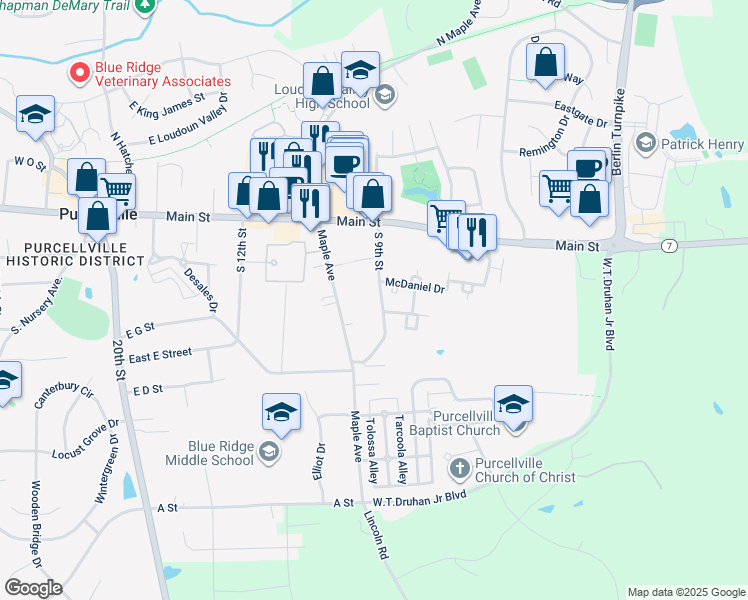 map of restaurants, bars, coffee shops, grocery stores, and more near 311 South 9th Street in Purcellville