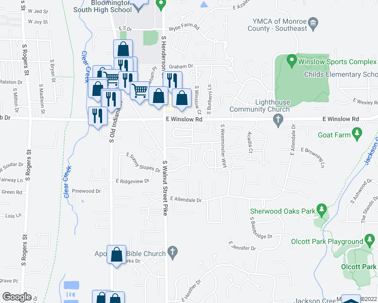map of restaurants, bars, coffee shops, grocery stores, and more near 789 East Sherwood Hills Drive in Bloomington