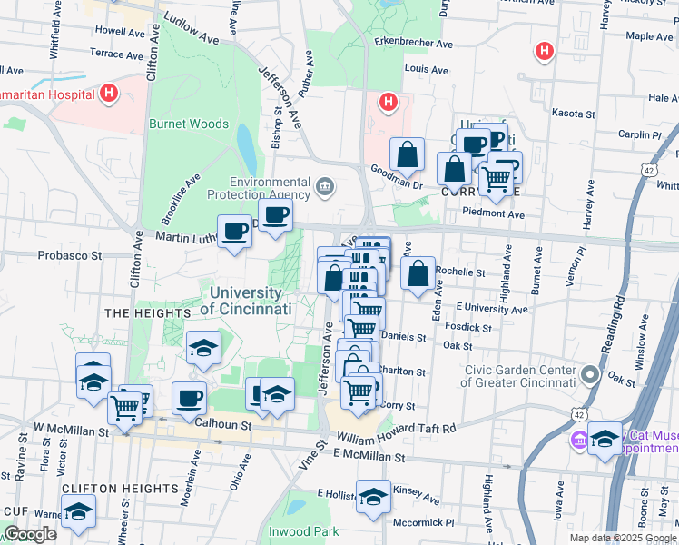 map of restaurants, bars, coffee shops, grocery stores, and more near 2922 Jefferson Avenue in Cincinnati