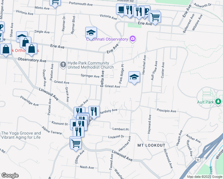 map of restaurants, bars, coffee shops, grocery stores, and more near 1242 Isis Avenue in Cincinnati