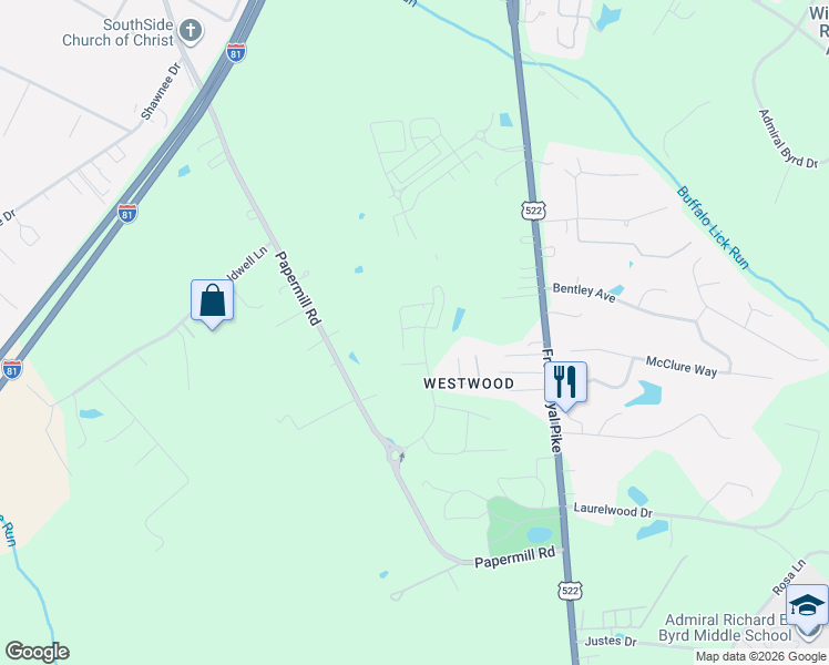 map of restaurants, bars, coffee shops, grocery stores, and more near 3515 Papermill Road in Winchester