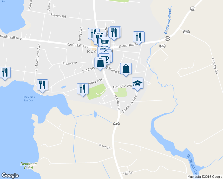 map of restaurants, bars, coffee shops, grocery stores, and more near 5585 Main St in Rock Hall