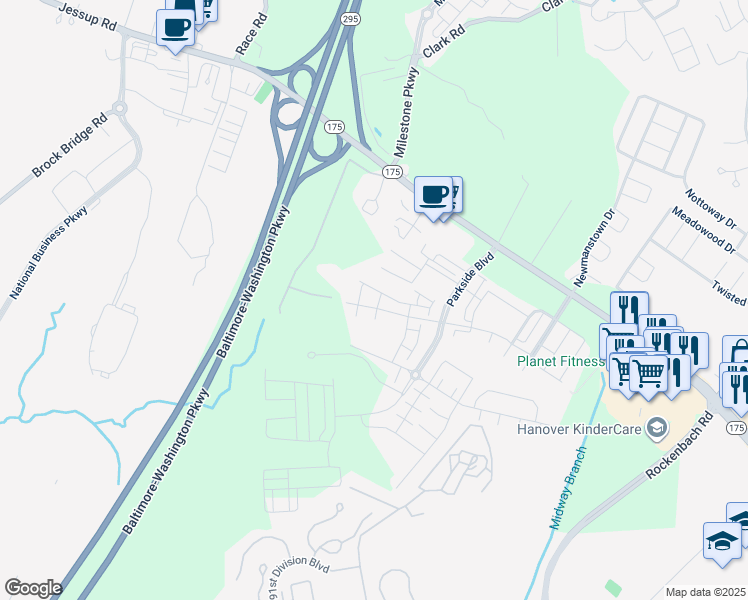 map of restaurants, bars, coffee shops, grocery stores, and more near 7808 North Seneca Ridge Lane in Hanover