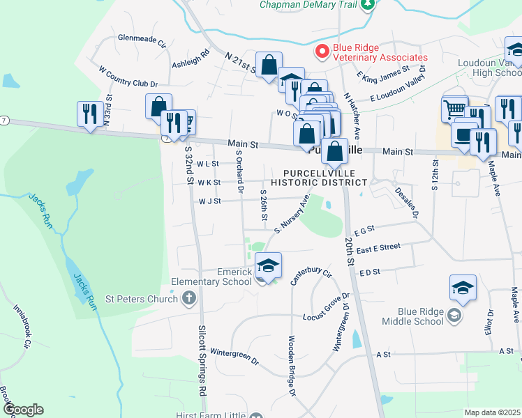 map of restaurants, bars, coffee shops, grocery stores, and more near 311 South 26th Street in Purcellville