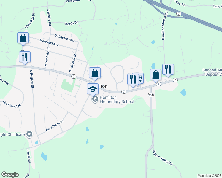 map of restaurants, bars, coffee shops, grocery stores, and more near 155 East Colonial Highway in Hamilton
