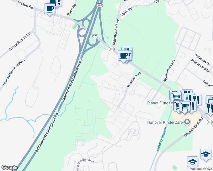 map of restaurants, bars, coffee shops, grocery stores, and more near 7808 North Seneca Ridge Lane in Hanover
