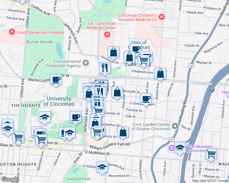 map of restaurants, bars, coffee shops, grocery stores, and more near 2919 Vaughn Street in Cincinnati